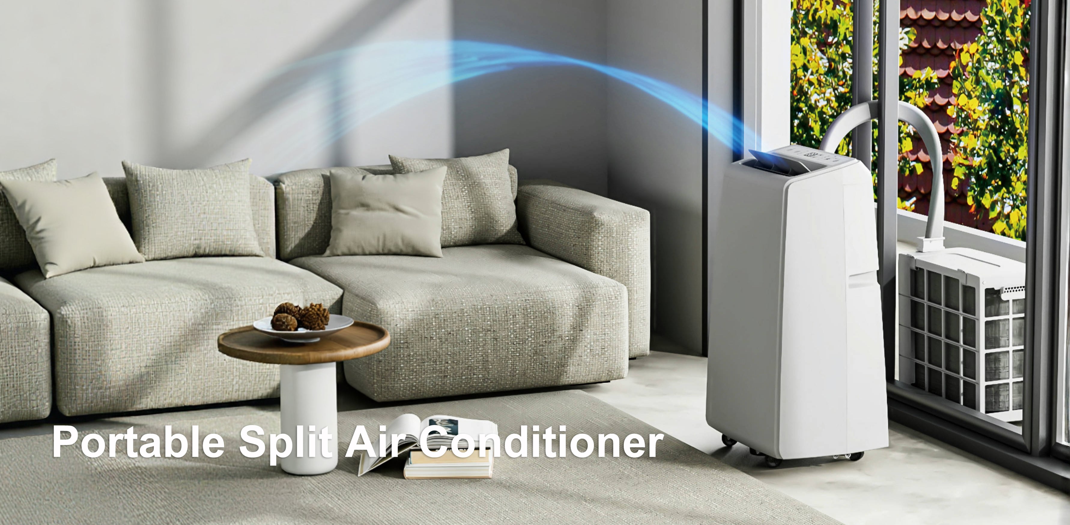 Portable Split Air Conditioner in Living Room — Indoor Unit with Outdoor Compressor
